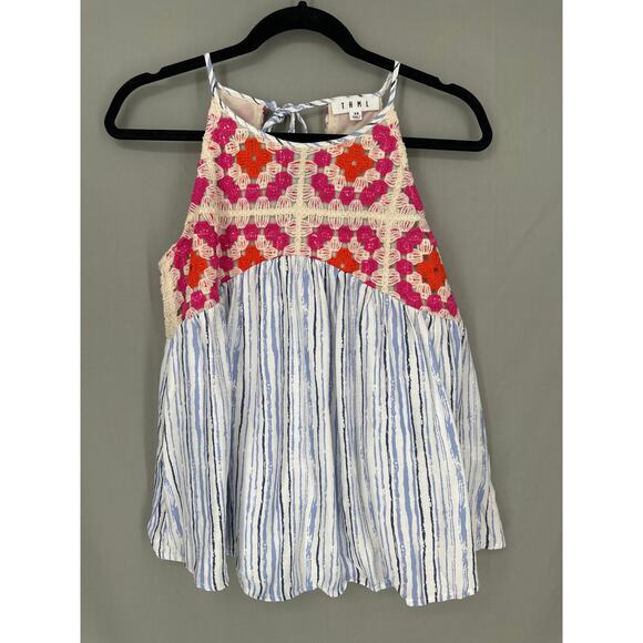 THML Top Womens XS Blue Flowy Tank Pink Crochet Floral Cottage Boho Halter - Picture 4 of 6